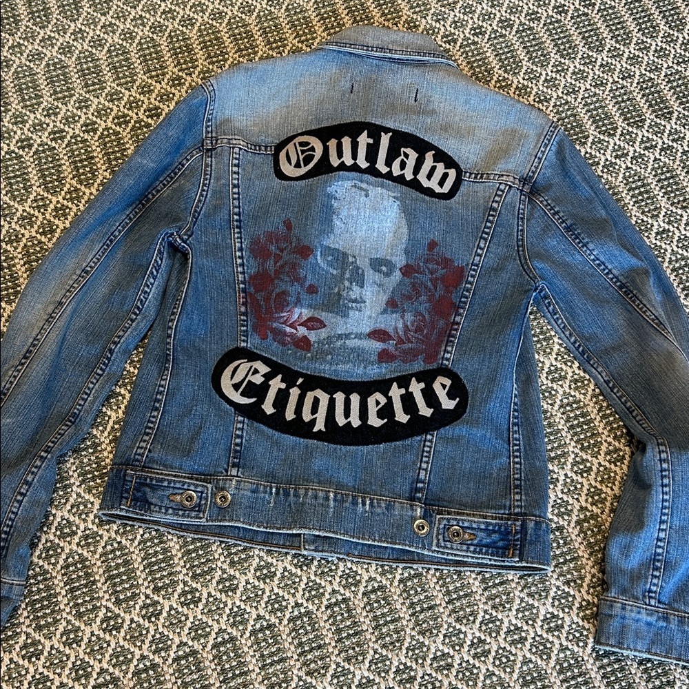 VTG Y2K Juicy Couture USA Made Skull Embroidered Graphic Moto Goth Denim Jacket